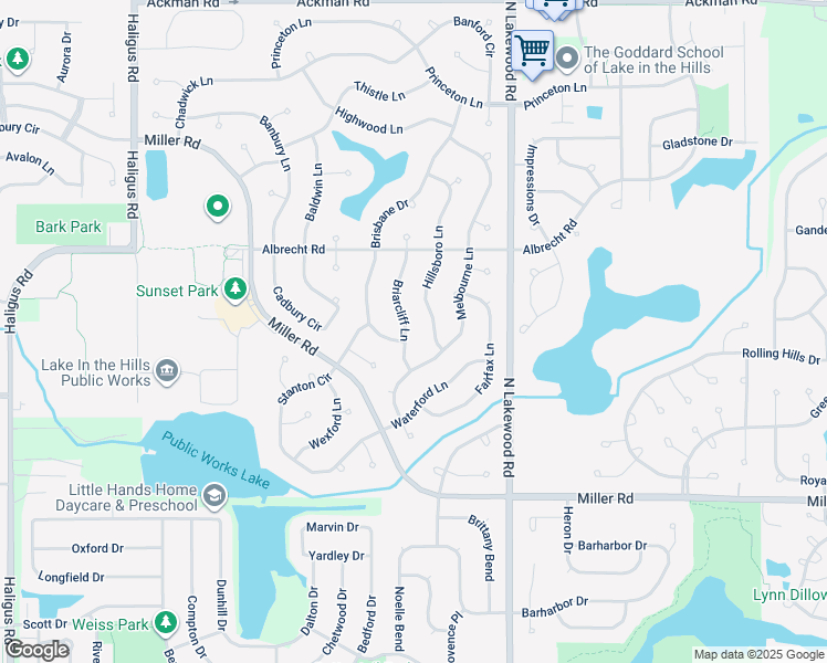 map of restaurants, bars, coffee shops, grocery stores, and more near 2760 Briarcliff Lane in Lake in the Hills