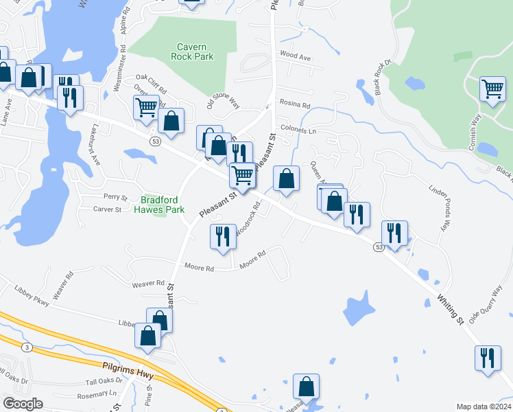 map of restaurants, bars, coffee shops, grocery stores, and more near 25 Woodrock Road in Weymouth
