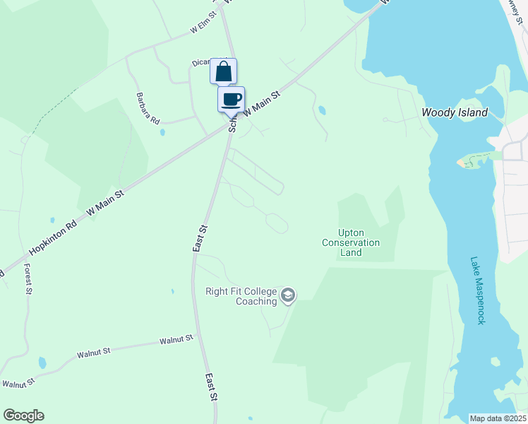 map of restaurants, bars, coffee shops, grocery stores, and more near 135 School Street in Hopkinton
