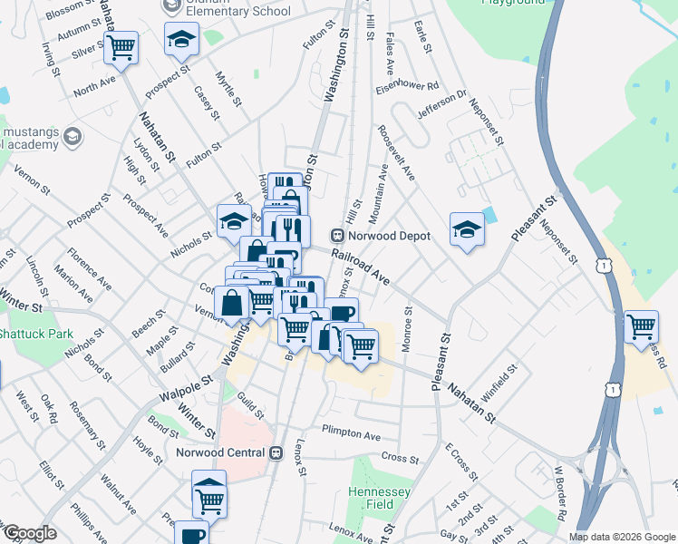 map of restaurants, bars, coffee shops, grocery stores, and more near 132 Railroad Avenue in Norwood