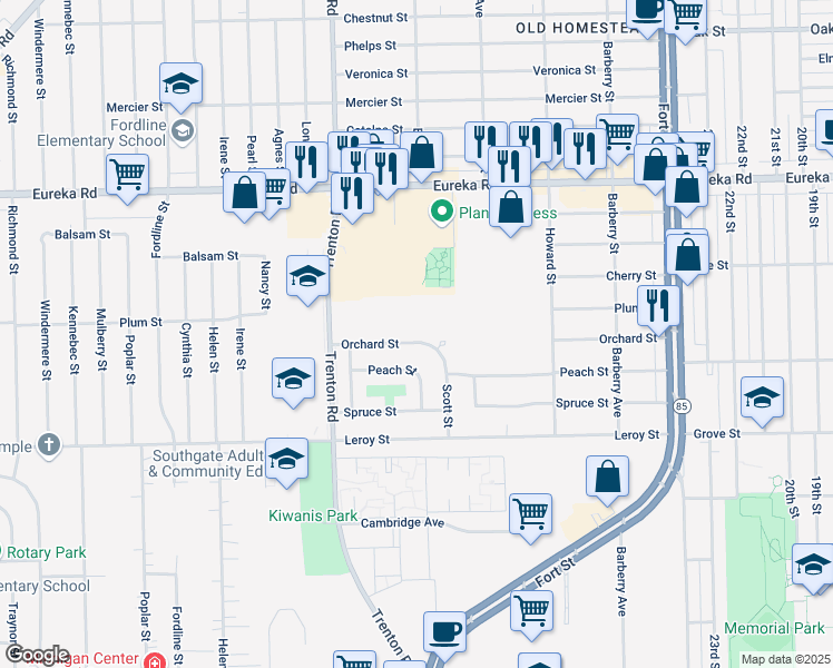 map of restaurants, bars, coffee shops, grocery stores, and more near 13630 Orchard Street in Southgate
