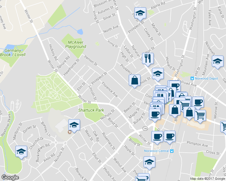 map of restaurants, bars, coffee shops, grocery stores, and more near 29 Florence Avenue in Norwood