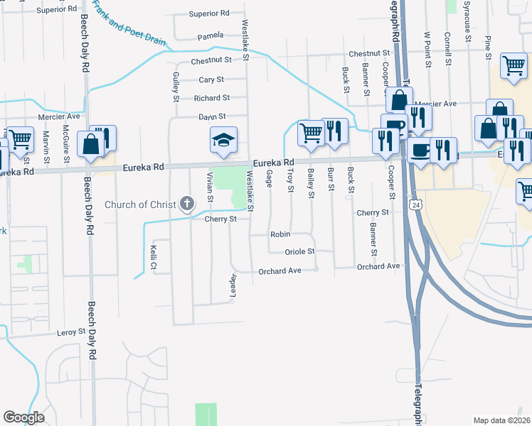 map of restaurants, bars, coffee shops, grocery stores, and more near 15179 Westlake Street in Taylor