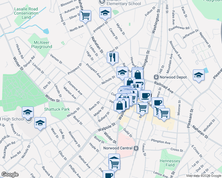 map of restaurants, bars, coffee shops, grocery stores, and more near 41 Maple Street in Norwood