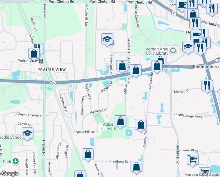 map of restaurants, bars, coffee shops, grocery stores, and more near 2469 Madiera Lane in Buffalo Grove