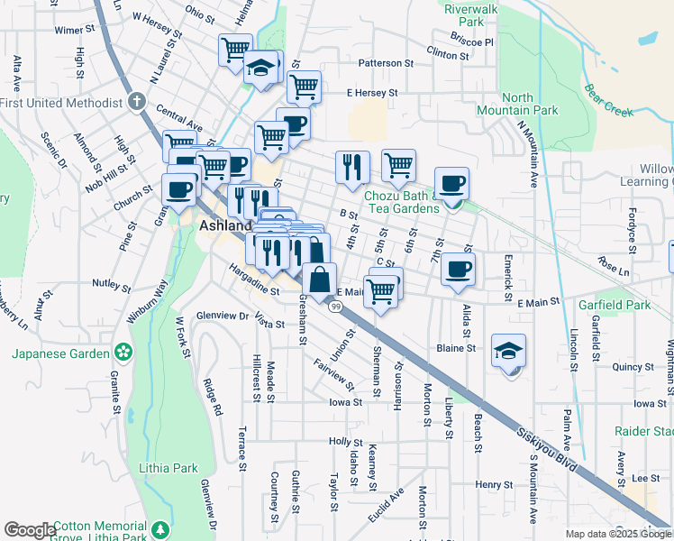 map of restaurants, bars, coffee shops, grocery stores, and more near in Ashland