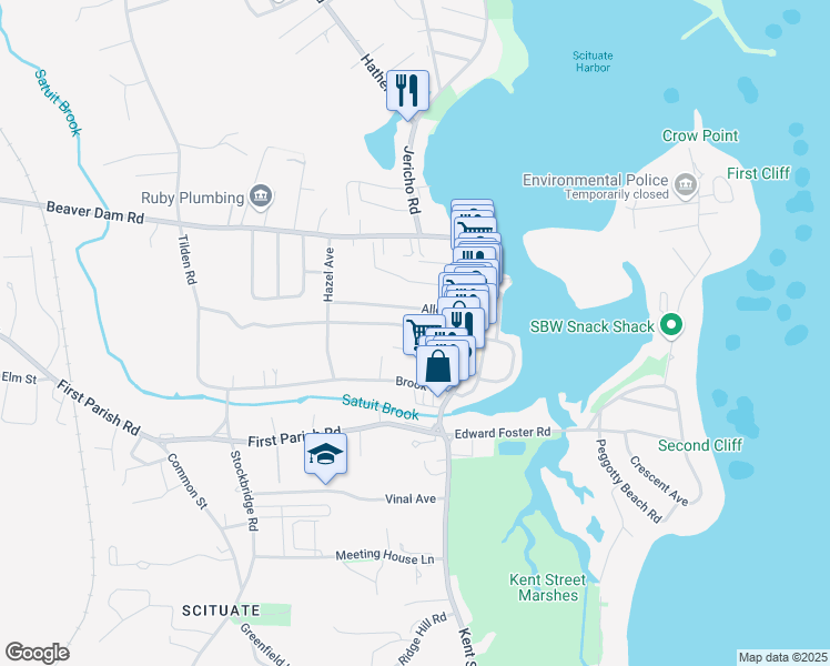 map of restaurants, bars, coffee shops, grocery stores, and more near 11 Otis Place in Scituate