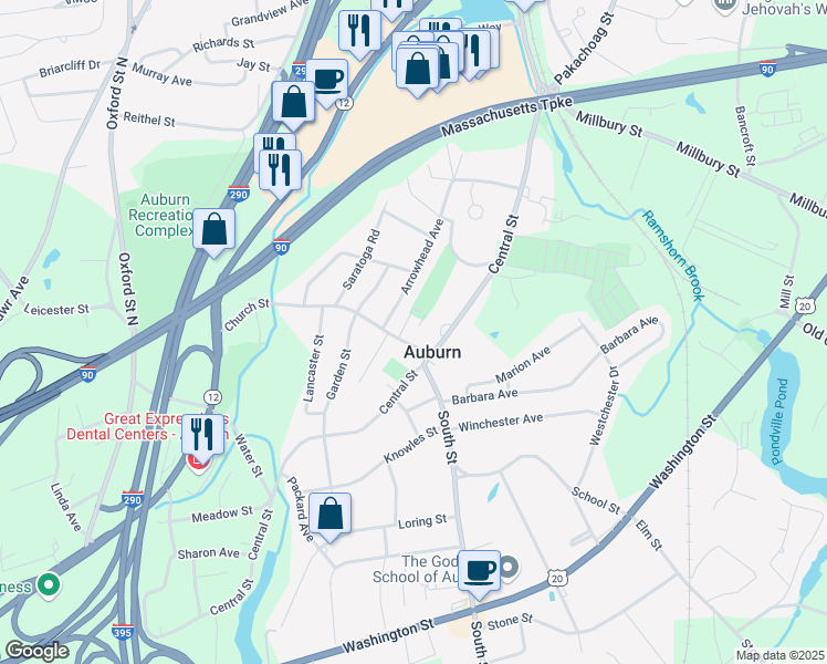 map of restaurants, bars, coffee shops, grocery stores, and more near 6 Church Street in Auburn