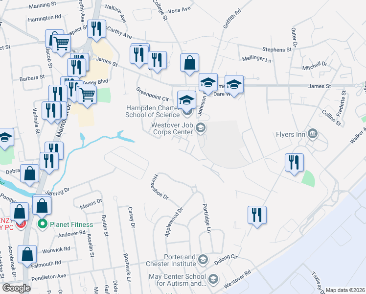 map of restaurants, bars, coffee shops, grocery stores, and more near 104 Johnson Road in Chicopee