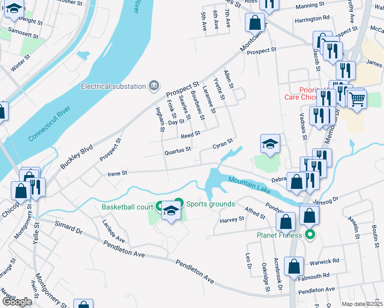 map of restaurants, bars, coffee shops, grocery stores, and more near 95 Quartus Street in Chicopee