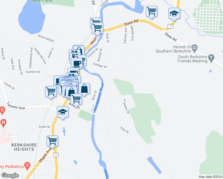 map of restaurants, bars, coffee shops, grocery stores, and more near 2-36 Quarry St in Great Barrington