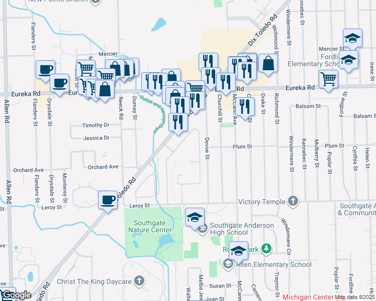 map of restaurants, bars, coffee shops, grocery stores, and more near 15610 Garrison Lane in Southgate