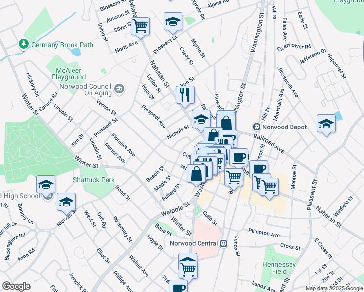 map of restaurants, bars, coffee shops, grocery stores, and more near 41 Maple Street in Norwood
