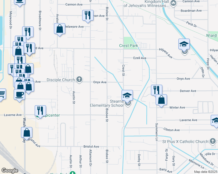 map of restaurants, bars, coffee shops, grocery stores, and more near 3429 Bisbee Street in Klamath Falls