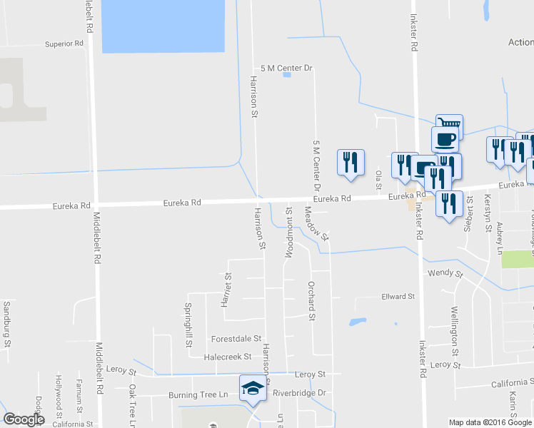 map of restaurants, bars, coffee shops, grocery stores, and more near 15043 Harrison Street in Romulus