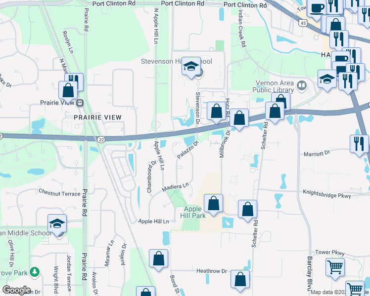 map of restaurants, bars, coffee shops, grocery stores, and more near 2508 Palazzo Drive in Buffalo Grove