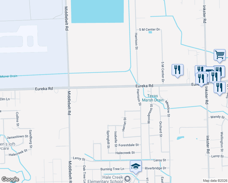 map of restaurants, bars, coffee shops, grocery stores, and more near 28498 Eureka Road in Romulus
