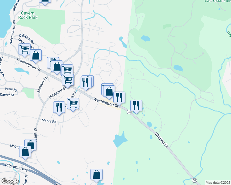 map of restaurants, bars, coffee shops, grocery stores, and more near 40 Queen Anne Drive in Weymouth