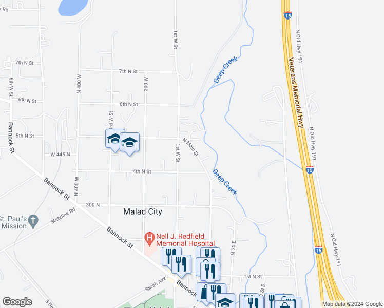 map of restaurants, bars, coffee shops, grocery stores, and more near 465 North Main Street in Malad City