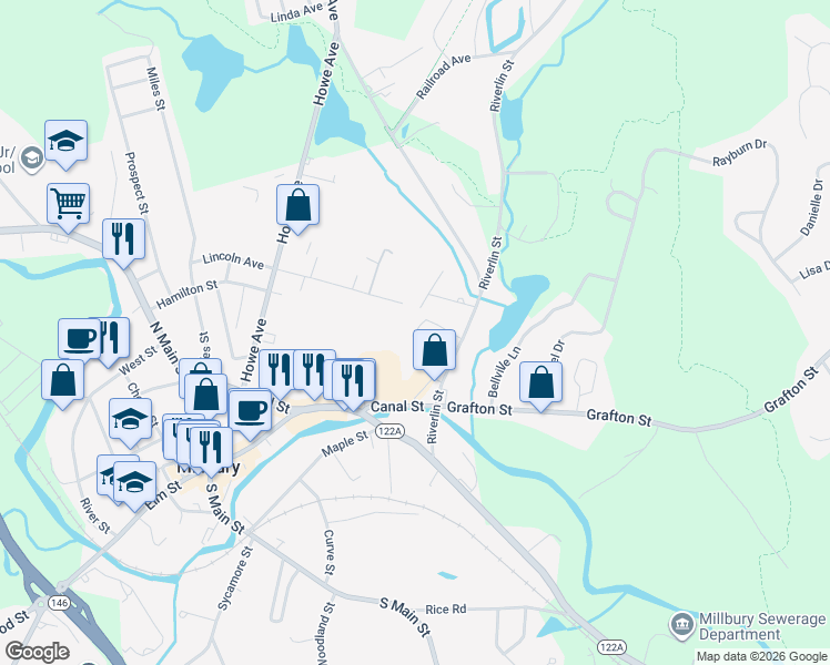 map of restaurants, bars, coffee shops, grocery stores, and more near 56 Williams Street in Millbury