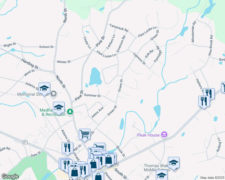 map of restaurants, bars, coffee shops, grocery stores, and more near 3 Lilac Lane in Medfield