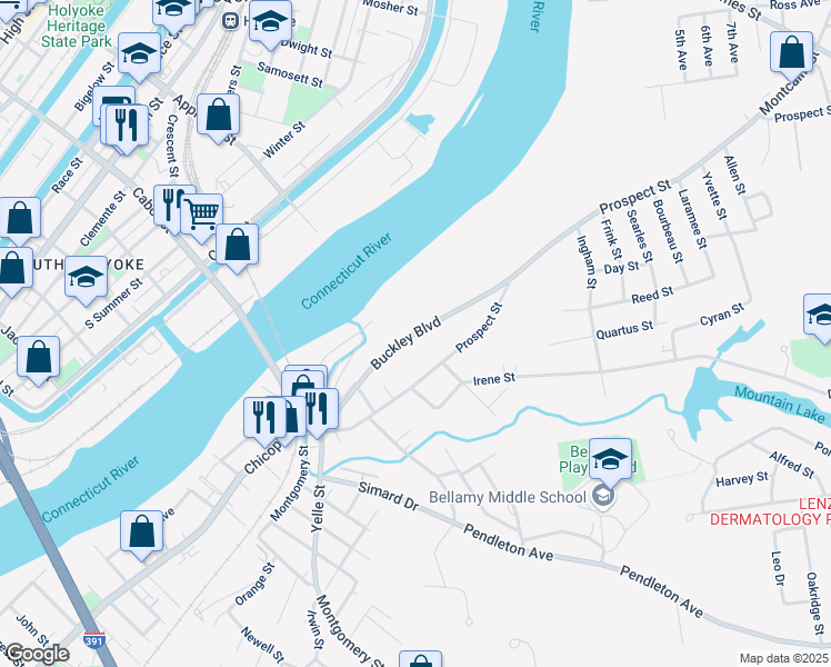 map of restaurants, bars, coffee shops, grocery stores, and more near 171 Buckley Boulevard in Chicopee