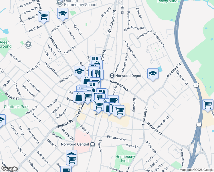 map of restaurants, bars, coffee shops, grocery stores, and more near 132 Railroad Avenue in Norwood
