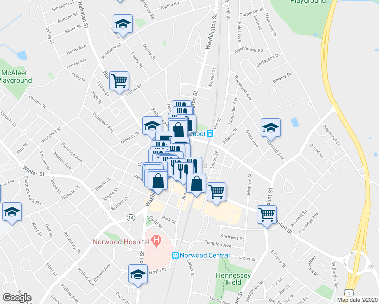 map of restaurants, bars, coffee shops, grocery stores, and more near 185 Central Street in Norwood