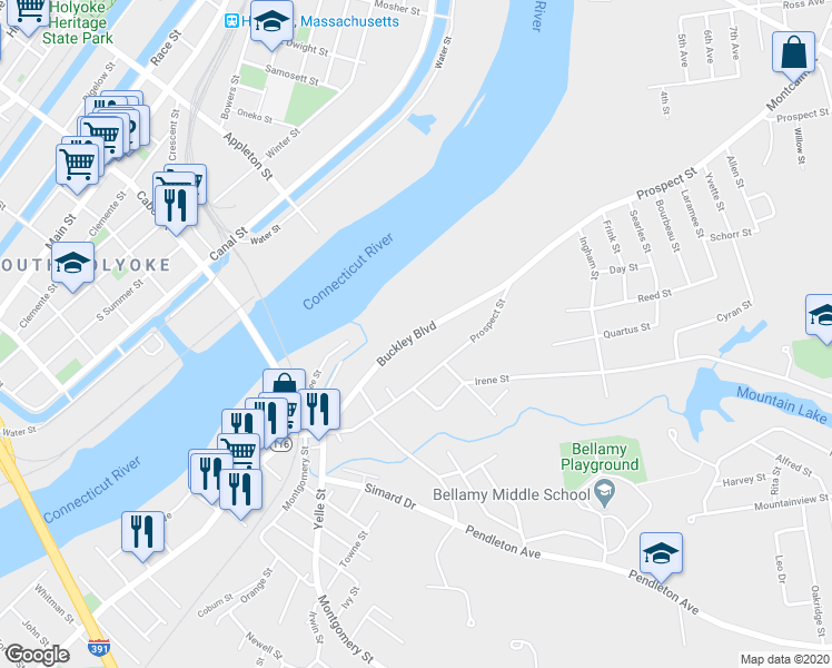 map of restaurants, bars, coffee shops, grocery stores, and more near 163 Buckley Boulevard in Chicopee