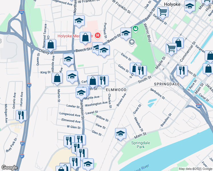 map of restaurants, bars, coffee shops, grocery stores, and more near 455 South Street in Holyoke