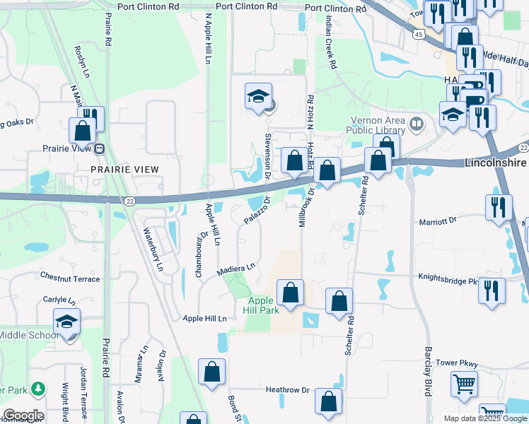 map of restaurants, bars, coffee shops, grocery stores, and more near 2508 Palazzo Drive in Buffalo Grove