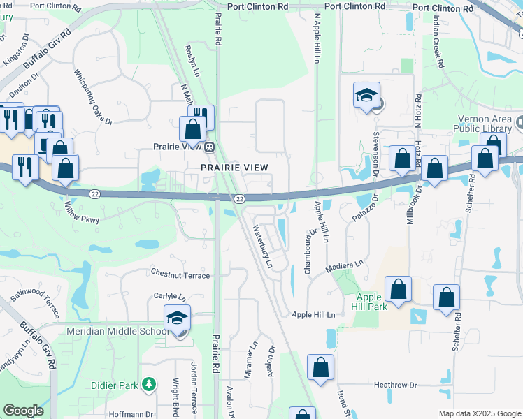 map of restaurants, bars, coffee shops, grocery stores, and more near 2575 Waterbury Lane in Buffalo Grove