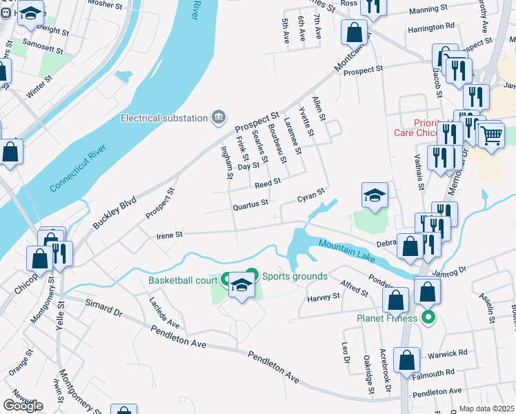 map of restaurants, bars, coffee shops, grocery stores, and more near 95 Quartus Street in Chicopee