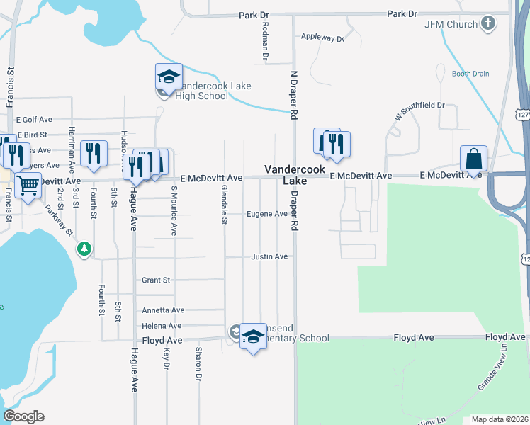 map of restaurants, bars, coffee shops, grocery stores, and more near 206 Comstock Street in Jackson