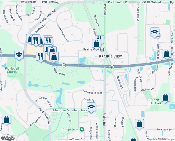 map of restaurants, bars, coffee shops, grocery stores, and more near 65 Willow Parkway in Buffalo Grove