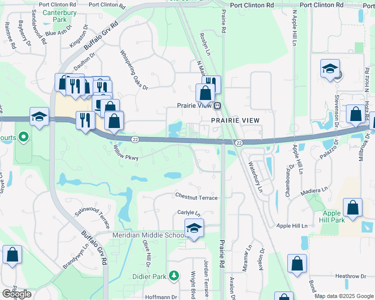 map of restaurants, bars, coffee shops, grocery stores, and more near 81 Willow Parkway in Buffalo Grove
