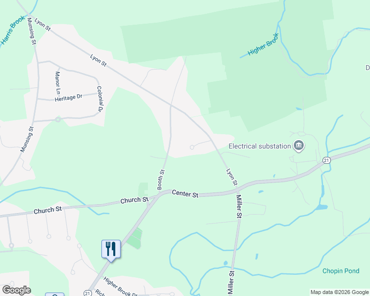 map of restaurants, bars, coffee shops, grocery stores, and more near 45 Robin Drive in Ludlow
