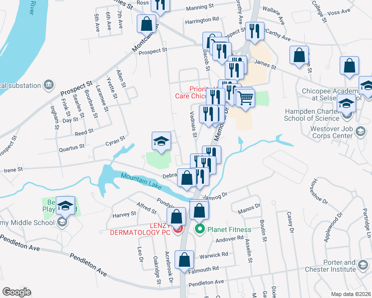 map of restaurants, bars, coffee shops, grocery stores, and more near 61 Streiber Drive in Chicopee