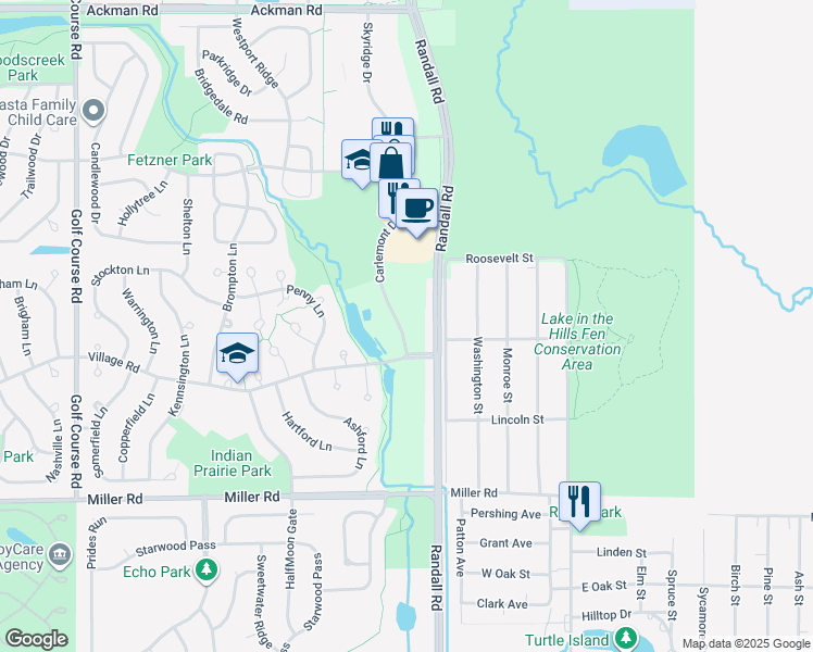 map of restaurants, bars, coffee shops, grocery stores, and more near 1677 Carlemont Drive in Crystal Lake