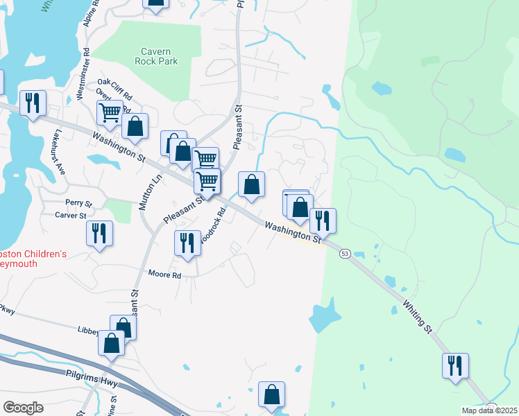 map of restaurants, bars, coffee shops, grocery stores, and more near 1296 Washington Street in Weymouth