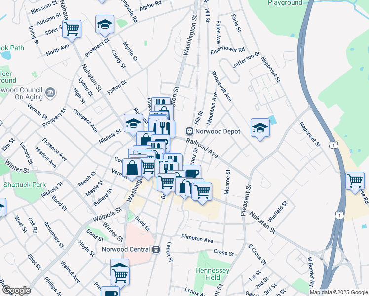 map of restaurants, bars, coffee shops, grocery stores, and more near 132 Railroad Avenue in Norwood