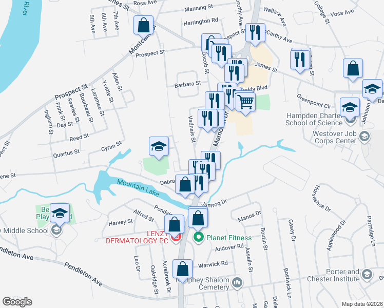 map of restaurants, bars, coffee shops, grocery stores, and more near 48 Vadnais Street in Chicopee