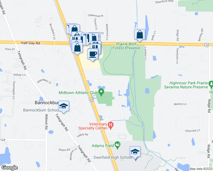 map of restaurants, bars, coffee shops, grocery stores, and more near 2345 Waukegan Road in Bannockburn