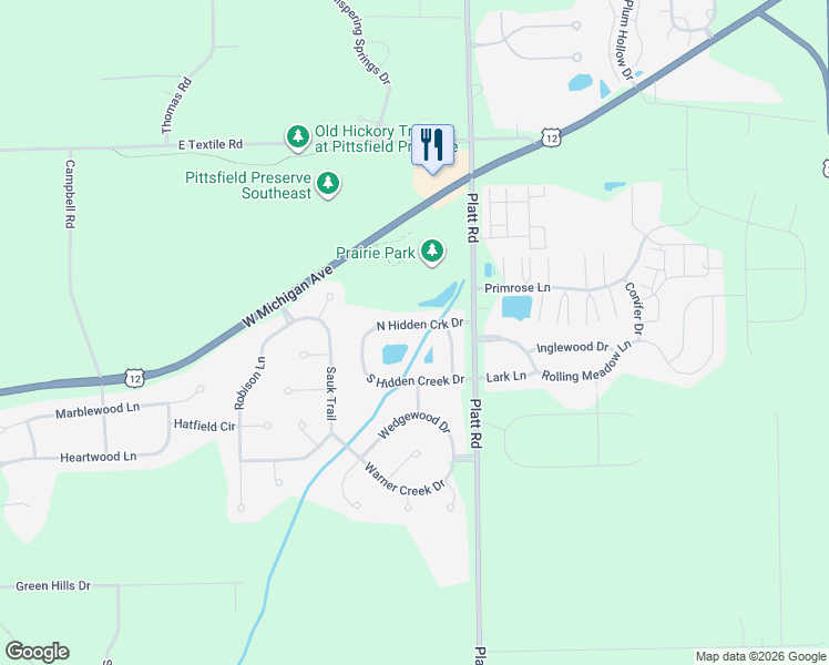 map of restaurants, bars, coffee shops, grocery stores, and more near 1426 Hidden Creek North in Saline