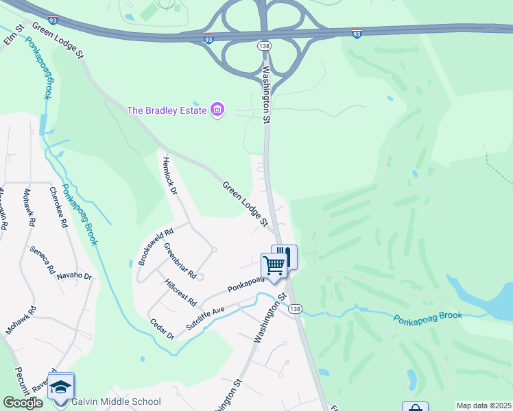 map of restaurants, bars, coffee shops, grocery stores, and more near 23 Green Lodge Street in Canton