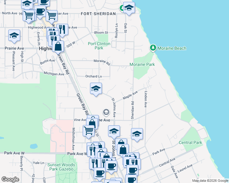 map of restaurants, bars, coffee shops, grocery stores, and more near 2350 Maple Lane in Highland Park