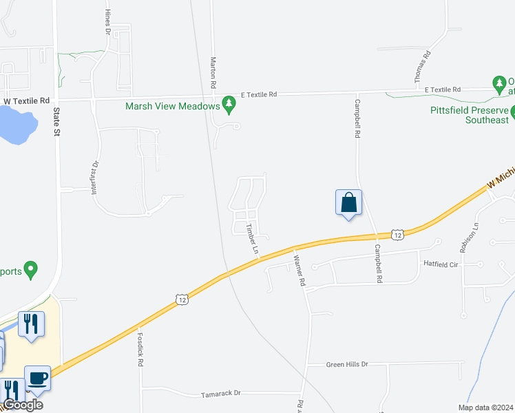 map of restaurants, bars, coffee shops, grocery stores, and more near 6564 East Michigan Avenue in Saline