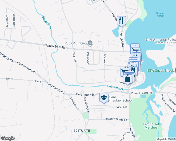 map of restaurants, bars, coffee shops, grocery stores, and more near 88 Brook Street in Scituate