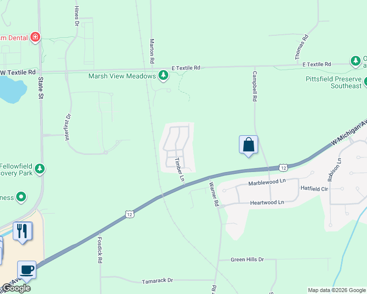 map of restaurants, bars, coffee shops, grocery stores, and more near 1 East Michigan Avenue in Saline
