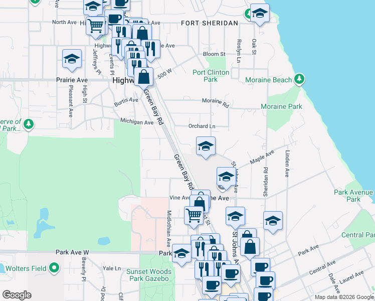 map of restaurants, bars, coffee shops, grocery stores, and more near 458 Niada Terrace in Highland Park